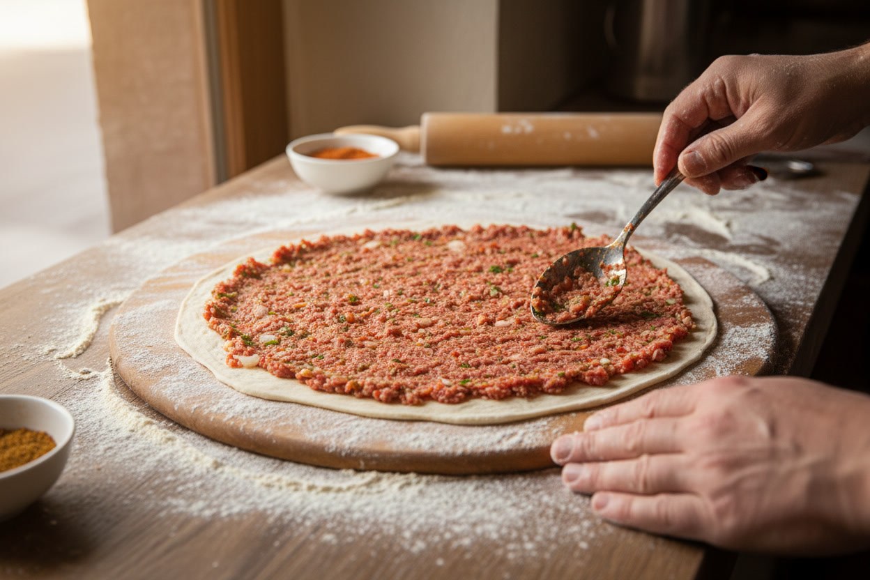 El açması ince hamura sürülmüş kıymalı lahmacun harcı
